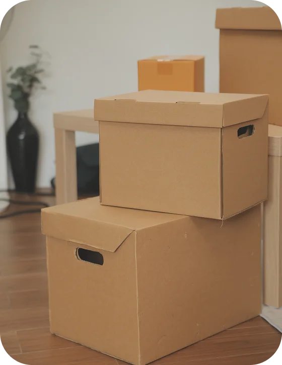 Modern bir dairede taşınma ve paketleme sürecinde üst üste yığılmış mühürlü taşınma kutuları yığını.